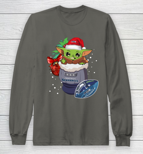 Seattle Seahawks Christmas Baby Yoda Star Wars Funny Happy NFL Long Sleeve T-Shirt 8