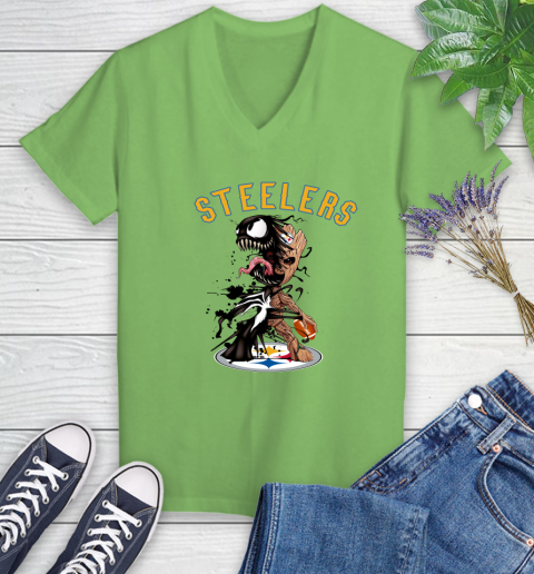 NFL Pittsburgh Steelers Football Venom Groot Guardians Of The Galaxy Women's V-Neck T-Shirt 11