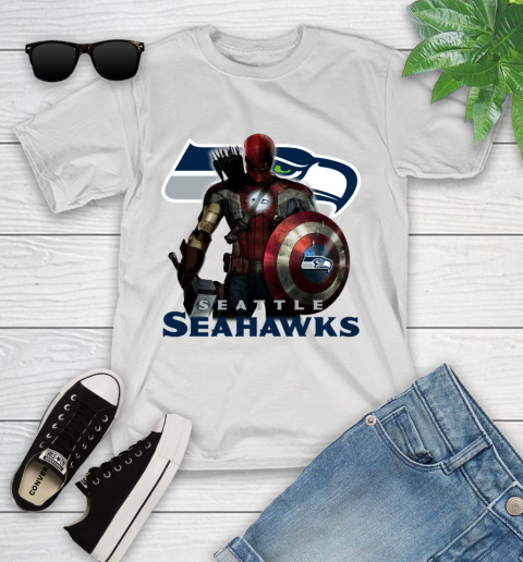 NFL Captain America Thor Spider Man Hawkeye Avengers Endgame Football Seattle Seahawks Youth T-Shirt