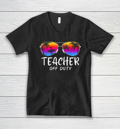 Teacher Off Duty Hello Summer Rainbow Sunglasses Teacher V-Neck T-Shirt