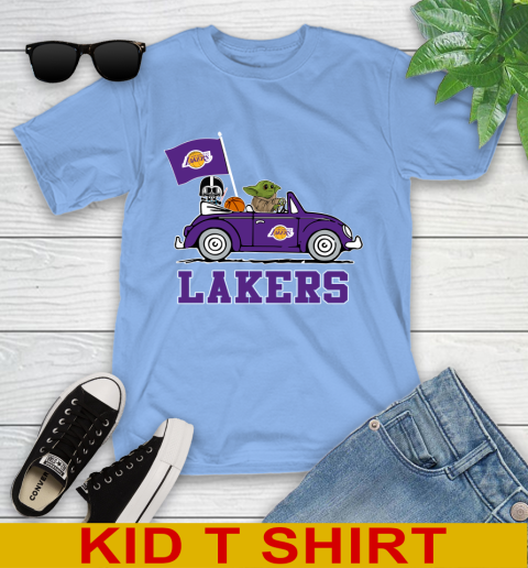 NBA Basketball Los Angeles Lakers Darth Vader Baby Yoda Driving Star Wars Shirt Youth T-Shirt 11
