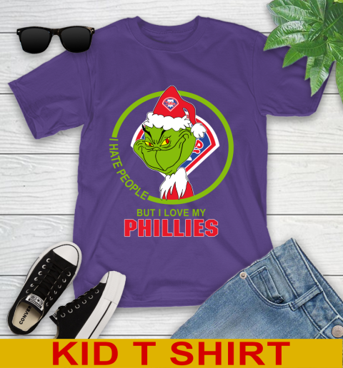 Philadelphia Phillies MLB Christmas Grinch I Hate People But I Love My Favorite Baseball Team Youth T-Shirt 4