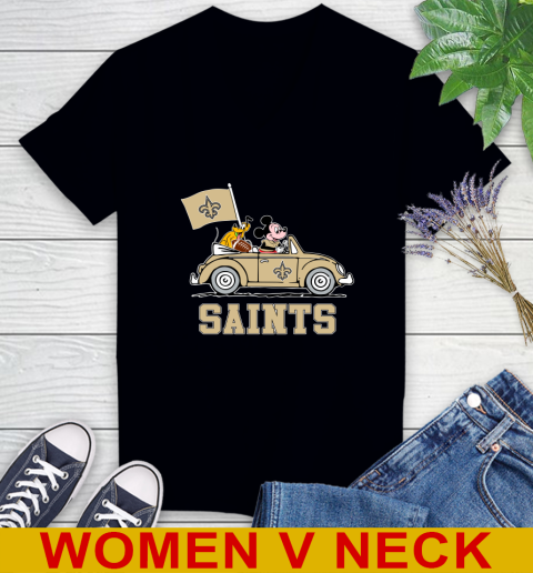 NFL Football New Orleans Saints Pluto Mickey Driving Disney Shirt Women's V-Neck T-Shirt 2