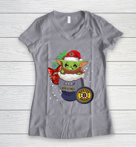 Boston Bruins Christmas Baby Yoda Star Wars Funny Happy NHL Women's V-Neck T-Shirt 4