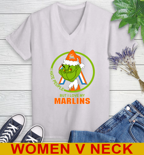Miami Marlins MLB Christmas Grinch I Hate People But I Love My Favorite Baseball Team Women's V-Neck T-Shirt