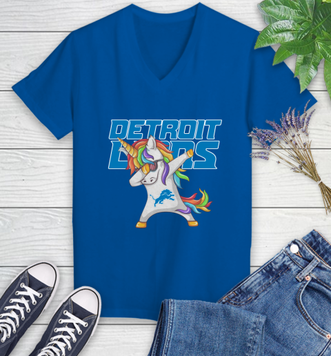 Detroit Lions NFL Football Funny Unicorn Dabbing Sports Women's V-Neck T-Shirt 10
