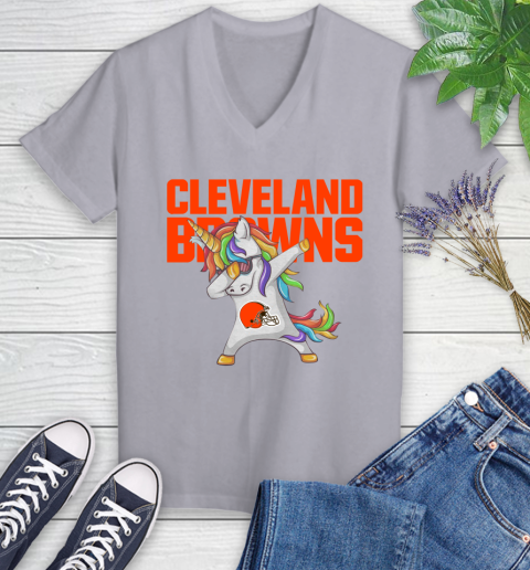 Cleveland Browns NFL Football Funny Unicorn Dabbing Sports Women's V-Neck T-Shirt 4