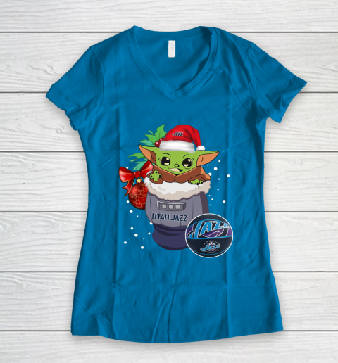 Utah Jazz Christmas Baby Yoda Star Wars Funny Happy NBA Women's V-Neck T-Shirt 7