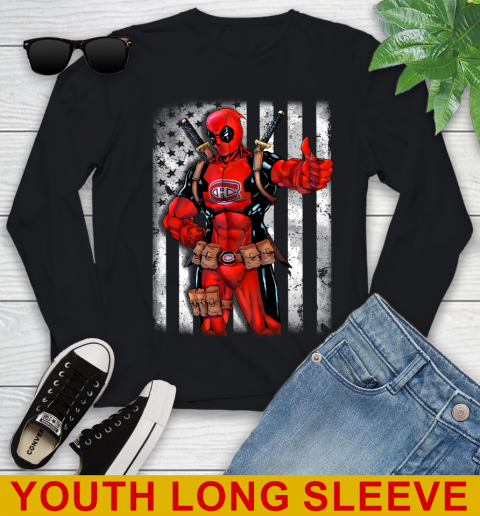 NHL Hockey Montreal Canadiens Deadpool American Flag Shirt Youth Long Sleeve