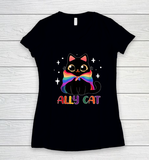 Ally Cat LGBT Gay Rainbow Pride Flag Funny Cat Lover Women's V-Neck T-Shirt