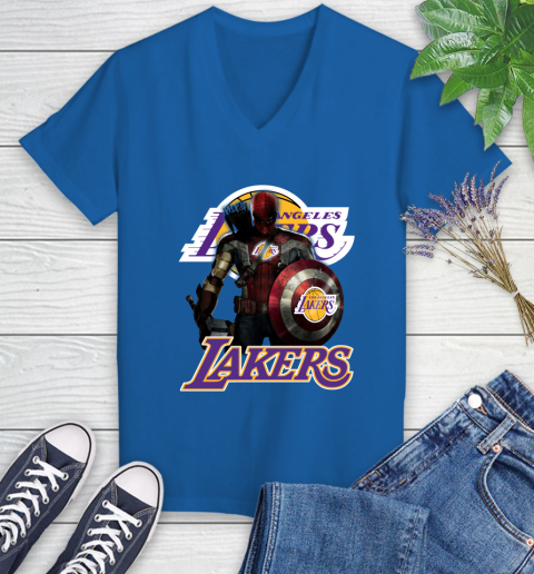 Los Angeles Lakers NBA Basketball Captain America Thor Spider Man Hawkeye Avengers Women's V-Neck T-Shirt 10