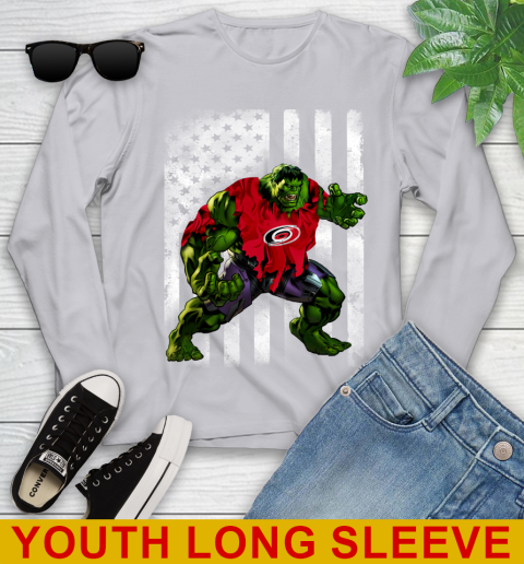 Carolina Hurricanes Hulk Marvel Avengers NHL Hockey American Flag Youth Long Sleeve 5