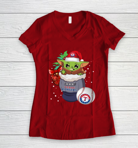 Texas Rangers Christmas Baby Yoda Star Wars Funny Happy MLB Women's V-Neck T-Shirt 10