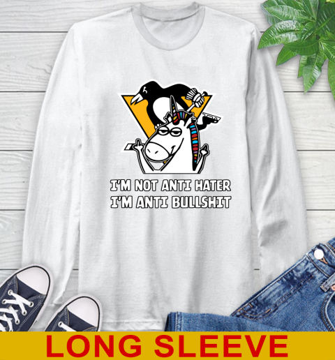 Pittsburgh Penguins NHL Hockey Unicorn I'm Not Anti Hater I'm Anti Bullshit Long Sleeve T-Shirt