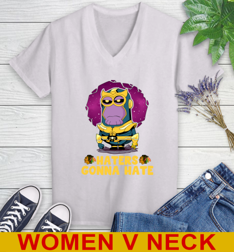 NHL Hockey Chicago Blackhawks Haters Gonna Hate Thanos Minion Marvel Shirt Women's V-Neck T-Shirt