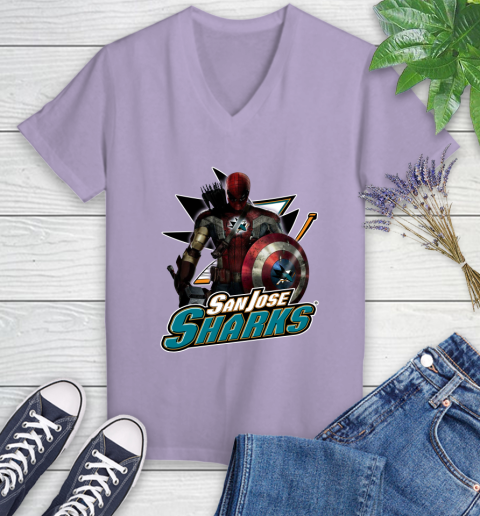NHL Captain America Thor Spider Man Hawkeye Avengers Endgame Hockey San Jose Sharks Women's V-Neck T-Shirt 14