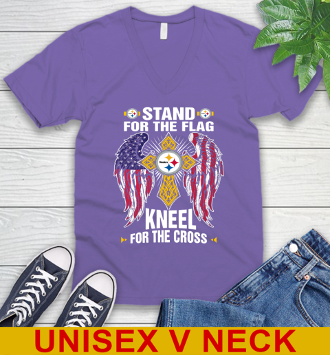NFL Football Pittsburgh Steelers Stand For Flag Kneel For The Cross Shirt V-Neck T-Shirt 8