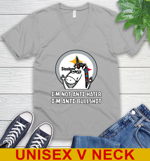 Pittsburgh Steelers NFL Football Unicorn I'm Not Anti Hater I'm Anti Bullshit V-Neck T-Shirt 4
