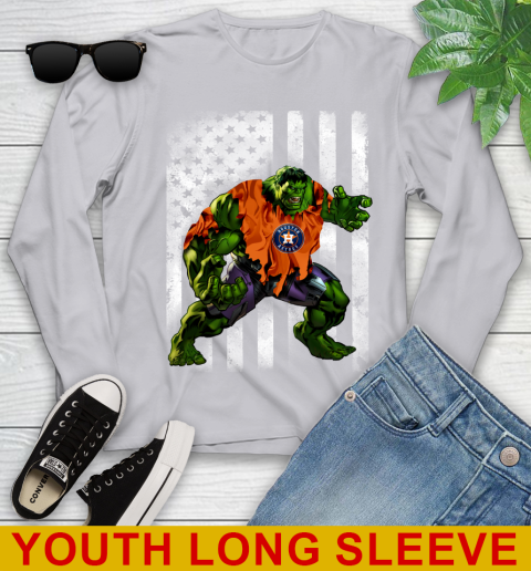 Houston Astros Hulk Marvel Avengers MLB Baseball American Flag Youth Long Sleeve - Image 6