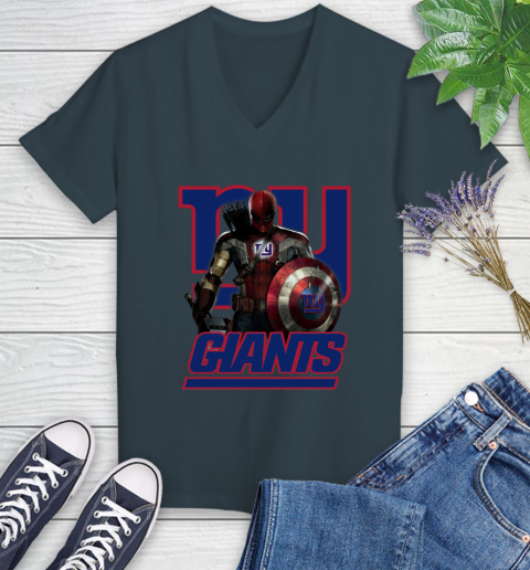 NFL Captain America Thor Spider Man Hawkeye Avengers Endgame Football New York Giants Women's V-Neck T-Shirt 8