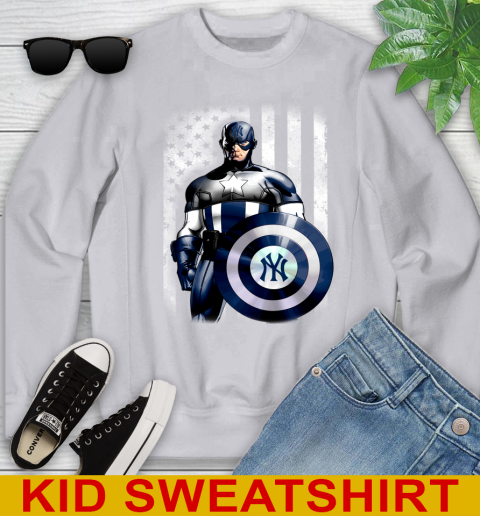 New York Yankees MLB Baseball Captain America Marvel Avengers American Flag Shirt Youth Sweatshirt 3