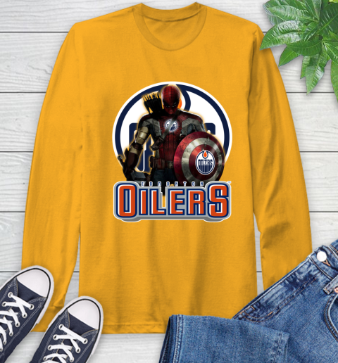 NHL Captain America Thor Spider Man Hawkeye Avengers Endgame Hockey Edmonton Oilers Long Sleeve T-Shirt 3