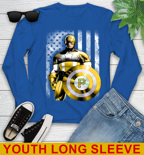 Pittsburgh Pirates MLB Baseball Captain America Marvel Avengers American Flag Shirt Youth Long Sleeve 10