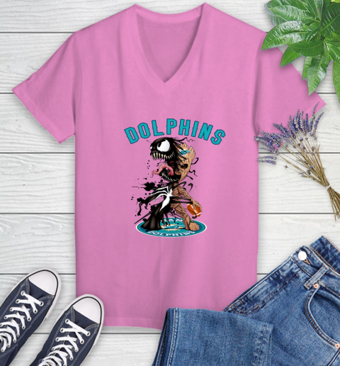NFL Miami Dolphins Football Venom Groot Guardians Of The Galaxy Women's V-Neck T-Shirt 14
