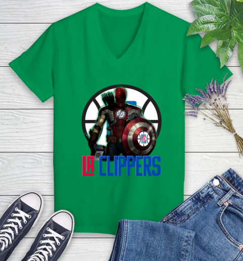 LA Clippers NBA Basketball Captain America Thor Spider Man Hawkeye Avengers Women's V-Neck T-Shirt 5