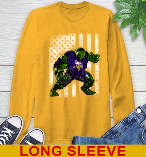 Minnesota Vikings Hulk Marvel Avengers NFL Football American Flag Long Sleeve T-Shirt 2