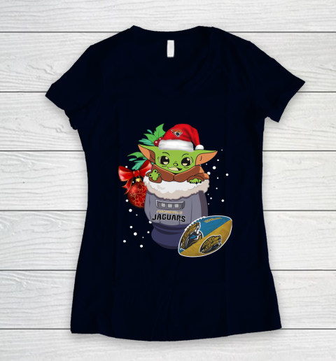Jacksonville Jaguars Christmas Baby Yoda Star Wars Funny Happy NFL Women's V-Neck T-Shirt 3
