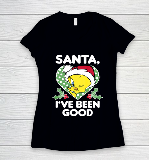 Looney Tunes Christmas Tweety Bird Santa I ve Been Good Women's V-Neck T-Shirt