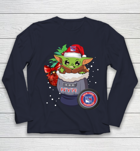 New York Rangers Christmas Baby Yoda Star Wars Funny Happy NHL Youth Long Sleeve 3