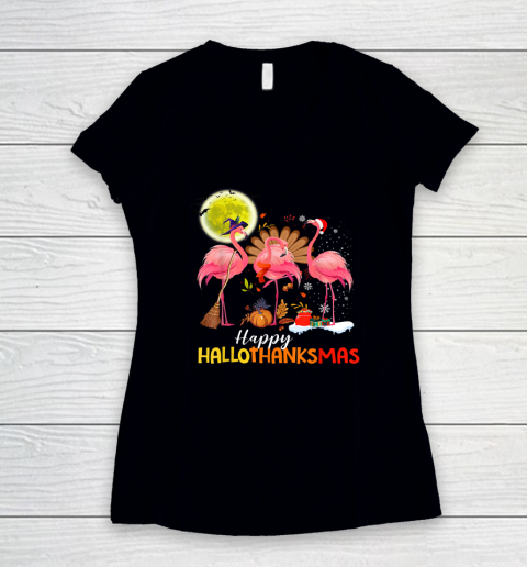 Flamingo Happy HalloThanksmas Funny Halloween Thanksgiving Women's V-Neck T-Shirt