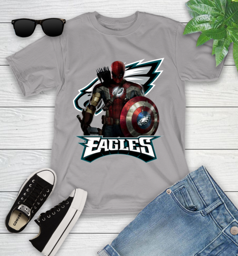 NFL Captain America Thor Spider Man Hawkeye Avengers Endgame Football Philadelphia Eagles Youth T-Shirt 4