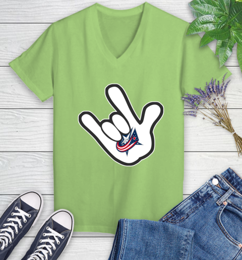 Columbus Blue Jackets NHL Hockey Mickey Rock Hand Disney Women's V-Neck T-Shirt 11