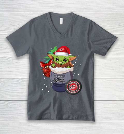 Carolina Hurricanes Christmas Baby Yoda Star Wars Funny Happy NHL V-Neck T-Shirt 5