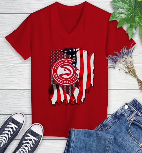 Atlanta Hawks NBA Basketball American Flag Women's V-Neck T-Shirt 11