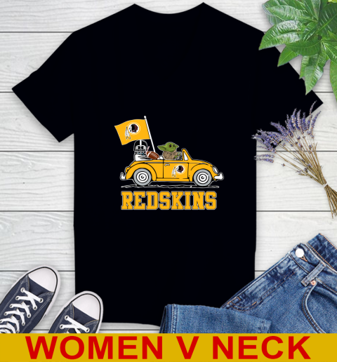 NFL Football Washington Redskins Darth Vader Baby Yoda Driving Star Wars Shirt Women's V-Neck T-Shirt 2