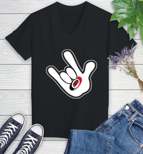 Carolina Hurricanes NHL Hockey Mickey Rock Hand Disney Women's V-Neck T-Shirt 2