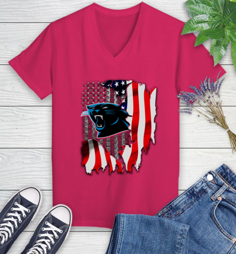 Carolina Panthers NFL Football American Flag Women's V-Neck T-Shirt 9