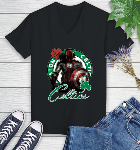 Boston Celtics NBA Basketball Captain America Thor Spider Man Hawkeye Avengers Women's V-Neck T-Shirt 2