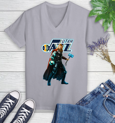 NBA Thor Avengers Endgame Basketball Utah Jazz Women's V-Neck T-Shirt 4
