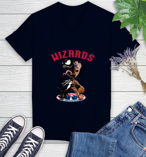 NBA Washington Wizards Basketball Venom Groot Guardians Of The Galaxy Women's V-Neck T-Shirt 3