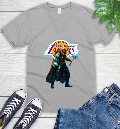 NBA Thor Avengers Endgame Basketball Los Angeles Lakers V-Neck T-Shirt 4