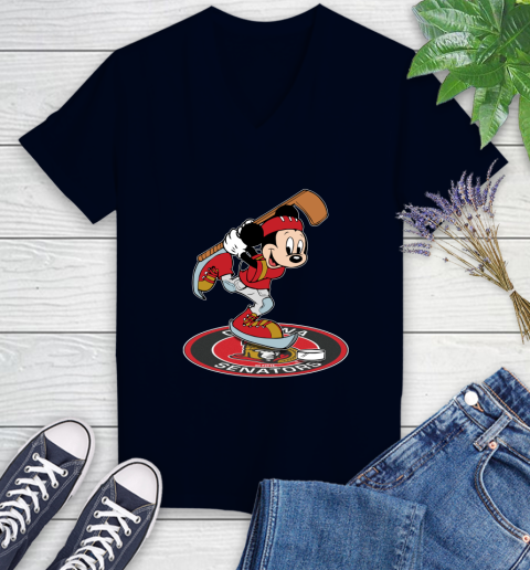 NHL Hockey Ottawa Senator Cheerful Mickey Disney Shirt Women's V-Neck T-Shirt 3