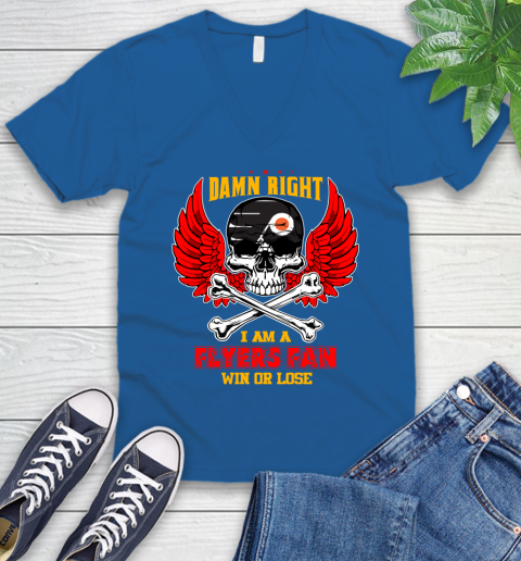 NHL Damn Right I Am A Philadelphia Flyers Win Or Lose Skull Hockey Sports V-Neck T-Shirt 5