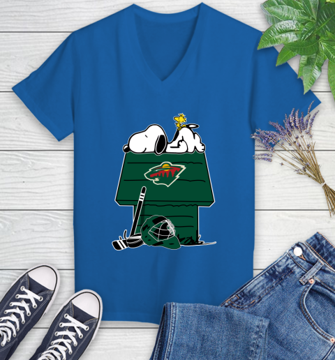 Minnesota Wild NHL Hockey Snoopy Woodstock The Peanuts Movie Women's V-Neck T-Shirt 10