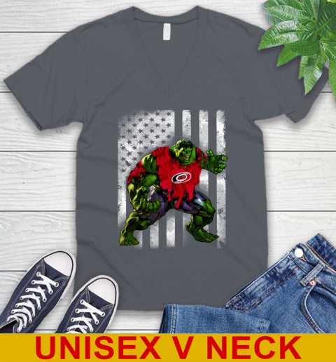 Carolina Hurricanes Hulk Marvel Avengers NHL Hockey American Flag V-Neck T-Shirt 4
