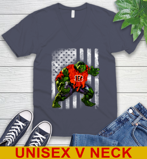 Cincinnati Bengals Hulk Marvel Avengers NFL Football American Flag V-Neck T-Shirt 7